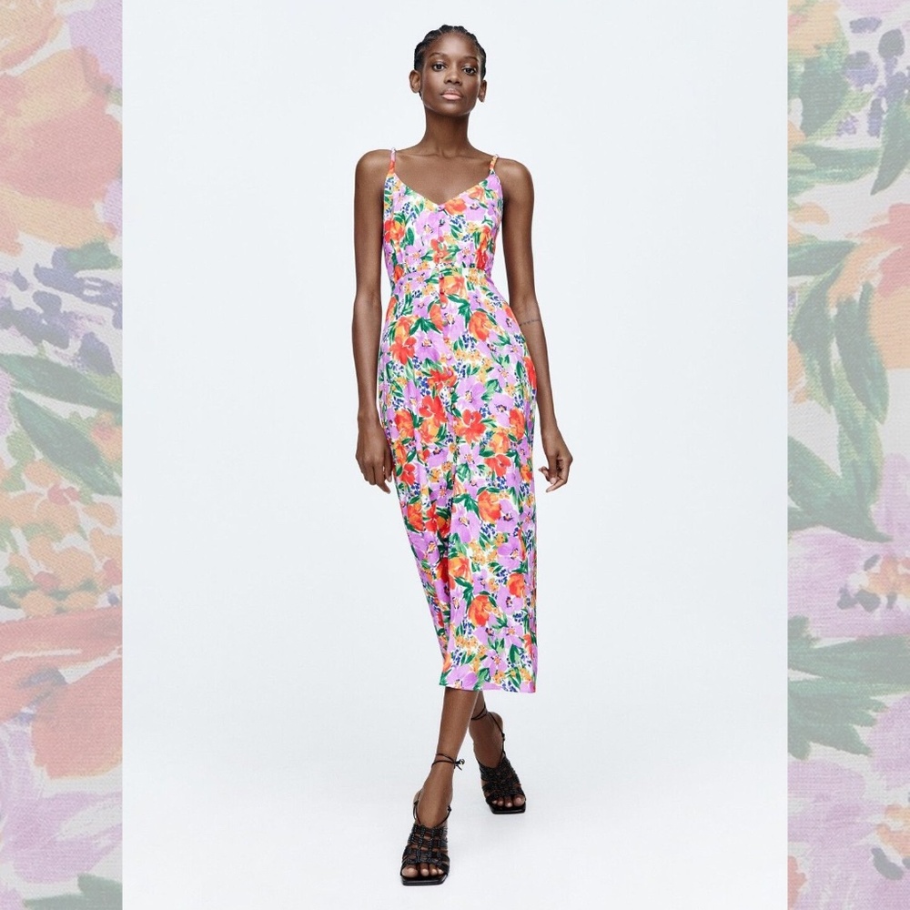 Zara NWT Linen Blend Floral Print Midi Dress